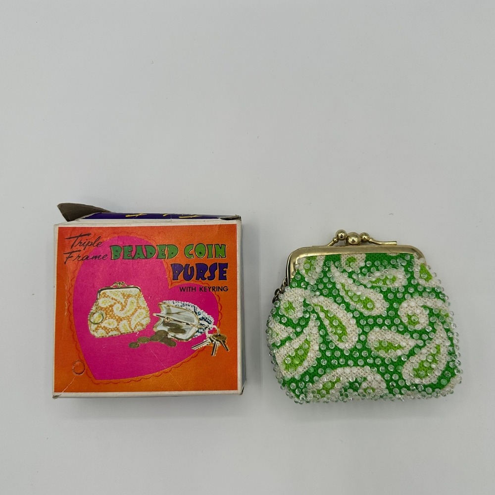 Vintage Womens OS Triple Frame Beaded Coin Purse Green Paisley Retro Kitsch